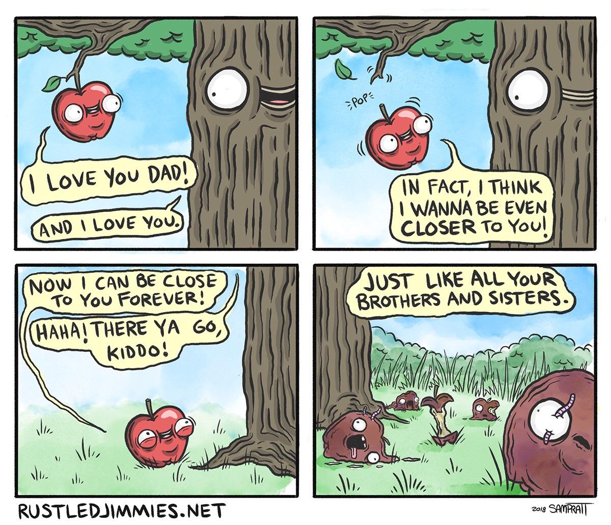 Fell far. Дерево комикс. Смешные комиксы про деревья. Яблоко комикс. The Apple doesn’t Fall far from the Tree.